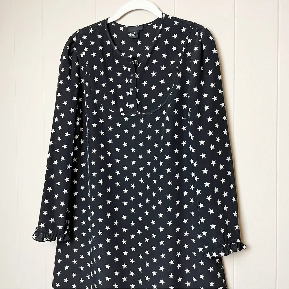 J. Crew 100% silk star print dress 4 S black white‎ neutral long sleeve shift